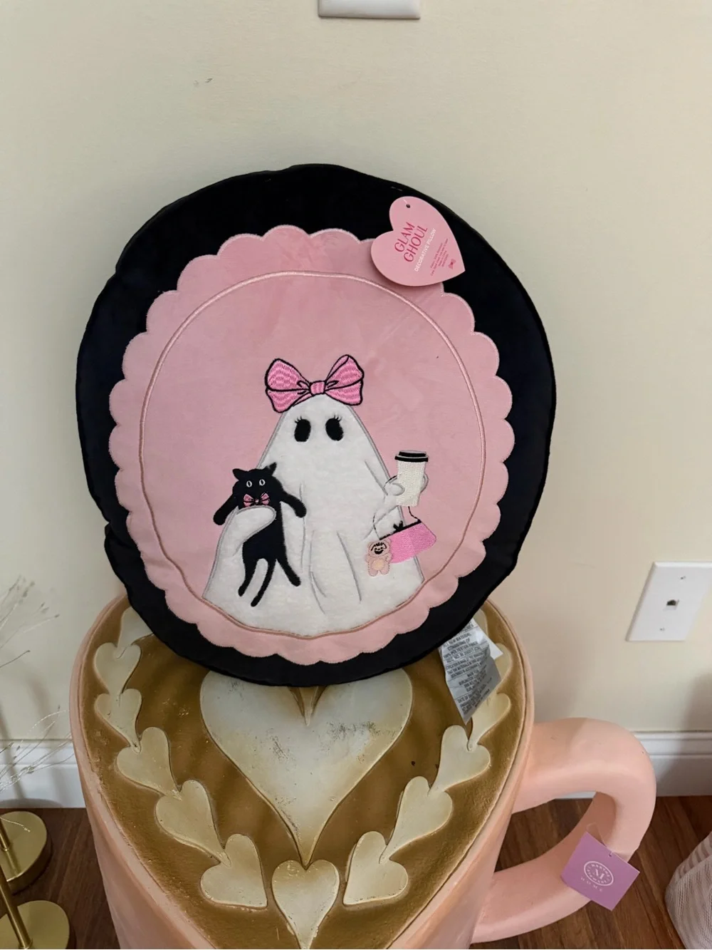 Glam Ghoul Halloween Round Pillow with Ghost w/ Bow, Cat, Labubu, Coffee & Purse